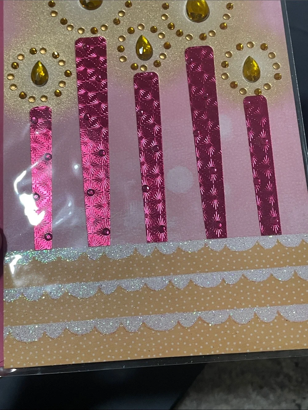 🖤5/$25 Pink Foil Birthday Candle Card with Yellow Gem Accents
